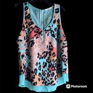 Animal Print dual layer Tank Tunic Zip Front, Blue Turquoise, Tan, Sz L